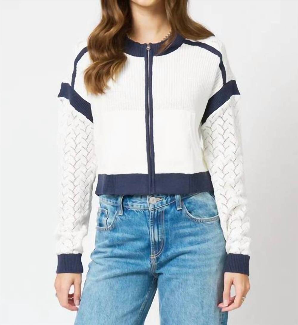NEW CENTRAL PARK WEST brooklyn collarless sweater bomber jacket in ivory and nav
